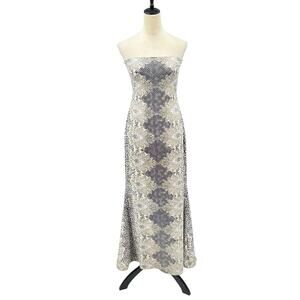 Nicole Miller Black & Cream Mixed Print Silk Blend Strapless Maxi Cocktail Dress